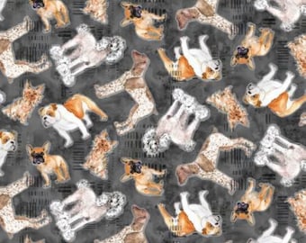 Dog Toss on Dark Gray Fabric / Best Friends Fabric Collection / Dog Fabric / Dog Breeds Fabric by Clothworks  / Fat Quarter Fabric