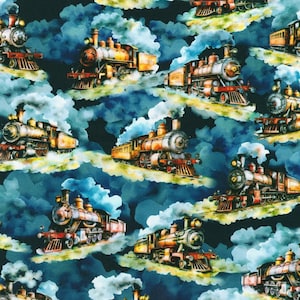May include: A fabric pattern featuring multiple vintage steam locomotives in shades of orange and brown, each trailing thick white and light blue clouds of smoke against a dark navy blue background, creating a repeating artistic train motif.