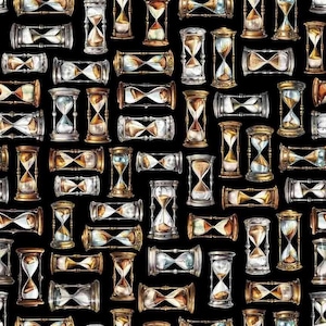 May include: A repeating pattern of antique hourglasses in various metallic finishes, including gold and silver, against a black background. The hourglasses have a classic design, with a bulbous top and bottom connected by a narrow neck.