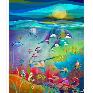 Shining Sea 3 Wishes Ocean Animal 36&quot; Panel   / Quilt Panel  Fabric Panel / Orca Killer Whale, Octopus, Stingray, fish, Swordfish , Cotton