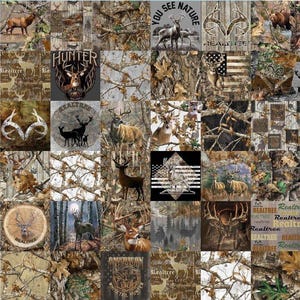 May include: A patchwork of deer-themed designs and camouflage patterns. The image features deer illustrations, woodland camouflage, and text including "HUNTER", "YOU SEE NATURE", and "REALTREE". The colour scheme is dominated by browns, greens, and neutral tones.