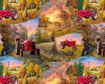 Farmall Country Living Tractor Scenic Allover Tractor Yardage / Farmall Show Fabric / Tractor Fabric By The Yard & Fat Quarters