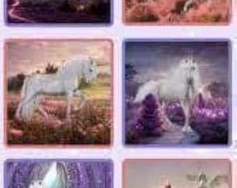 May include: A collection of six square images featuring white horses and castles. The scenes include a moonlit castle, a white horse in a pink field, a white horse in a meadow, a white horse in a purple forest, a white horse in a purple archway, and a pink castle.