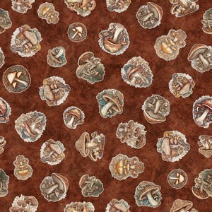 Mushroom Fabric / Mushroom Toss on Rust Enchanted Forest by QT Fabrics, Woods & floral Yardage and Fat Quarters