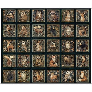 May include: A fabric panel featuring a grid of thirty square illustrations of North American wildlife, including bears, owls, deer, raccoons, foxes, and rabbits, set against a dark background with floral and botanical details.