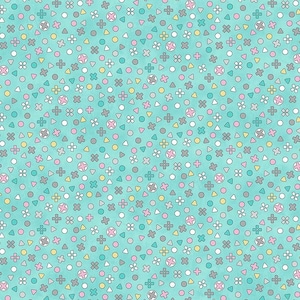 May include: A seamless pattern with a variety of shapes and colors on a light blue background. The shapes include circles, squares, crosses, and triangles in shades of pink, yellow, gray, and teal.