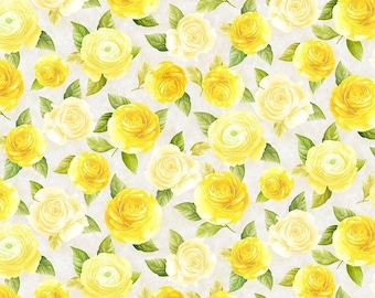 Yellow Roses Floral with Leaves on White Fabric,  A Rose is a Rose by Timeless Treasures Floral Blender Fabric Yardage & Fat Quarters