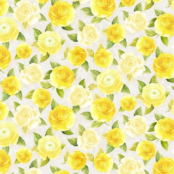 Yellow Roses Floral with Leaves on White Fabric,  A Rose is a Rose by Timeless Treasures Floral Blender Fabric Yardage & Fat Quarters