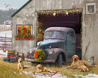 Winter Truck with Dogs 36" Panel by David Textiles / Christmas Winter Holiday Panel  / sold by the Cotton panel
