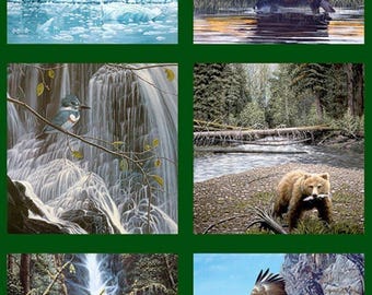 Nature   24" Quilt Fabric Block Panel By Robert Kaufman Fabrics 100% Cotton Quilting Fabric Panels / Eagle, Bird, Bear, Moose, Waterfall