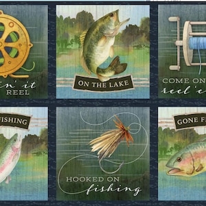 Painel de tecido para pesca / Painel de bloco de pesca de 24&quot; Gone Fishing da Wilmington Prints / Painel superior de colcha Lake Fishing Freshwater Life Animal