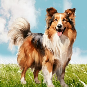 Puede incluir: Un perro Collie marrón y blanco con una cola esponjosa está de pie en un campo de hierba verde. El perro está sonriendo con la lengua afuera.