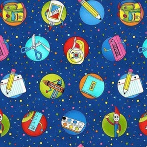 Back To School Fabric / It's Elementary School Images on Blue Dots Fabric by StudioE Fabrics, Yardage & Fat Quarters Available