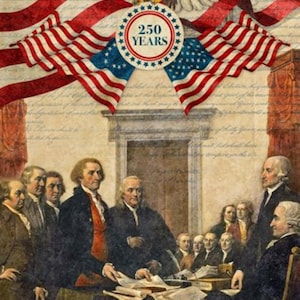 May include: A patriotic panel featuring an American flag, an eagle, and a historical scene of men in formal attire. The panel size is 24" x 43". The image includes the text "250 YEARS".