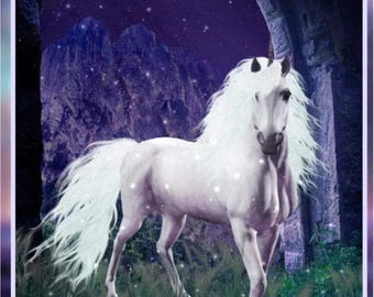 May include: A white unicorn with a long flowing mane and tail stands in a grassy field. The background features a dark purple night sky with stars and a stone archway framing jagged mountain peaks under a shimmering light effect.
