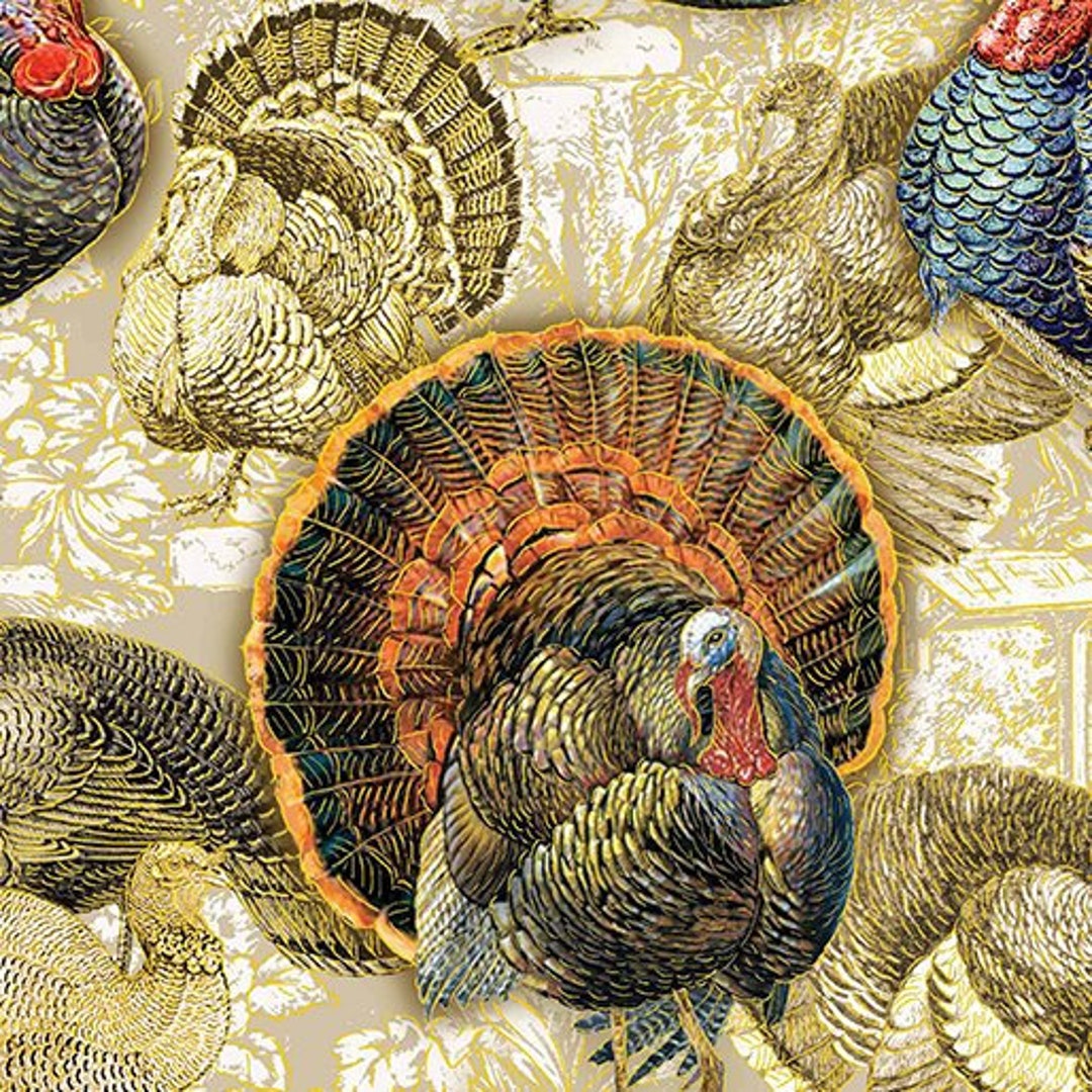 Wild Turkey Allover Fabric by the Yard / Turkeys Fabric Harvest