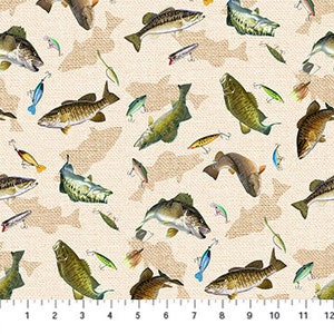 Fishing Fabric, Hooked Fish With Shadow on Cream by Northcott / Hunting  Fishing Camping Fabric Yardage & Fat Quarters Available 