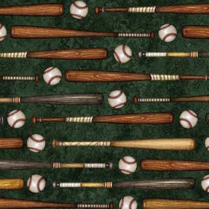 Baseball Fabric / Bats and Baseballs on Forest Green, Bases Loaded Collection, QT Fabrics by the yard, Yardage & Fat Quarters Available