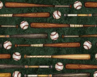 Baseball Fabric / Bats and Baseballs on Forest Green, Bases Loaded Collection, QT Fabrics by the yard, Yardage & Fat Quarters Available