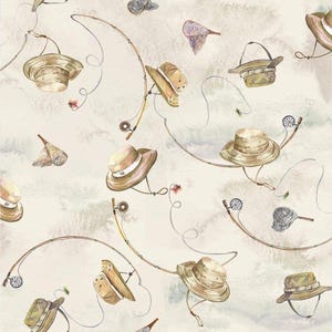 Puede incluir: Patrón de acuarela repetido con sombreros de pescador, cañas de pescar y redes en tonos beige, marrón y crema. El diseño tiene una estética vintage, pintada a mano, sobre un fondo claro y texturizado, evocando un cielo nublado.