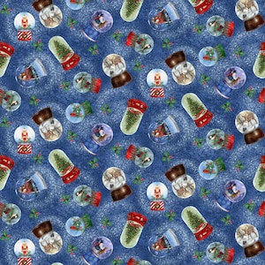 Christmas Fabric, Snow Globes on Blue Fabric / Believe Collection by Henry Glass Holiday Yardage & Fat Quarters
