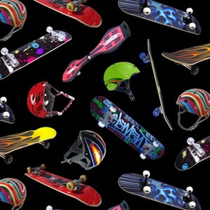 Skateboard Fabric /Skateboard Equipment on Black Fabric By The Yard / Elizabeth Studio 419 Skateboarding Fabric Fat Quarter and Yardage