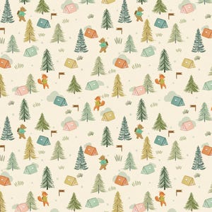 Camping Fabric, Camping Tents and Pine Trees on Cream Cedar by Dashwood Studio Fabrics, Yardage and Fat Quarters available