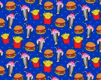 Burgers and Fries on Blue Fabric / Ice Cream Soda Burger Fabric by the yard / Food and Drink Fabric / Sykel Fabrics Yardage and Fat Quarters