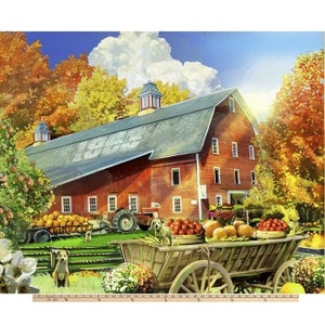 Truck & Red Barn Vermont Foliage Farm Panel 36" Panel by David Textiles / Autumn Fall Farmlife Old Red Tractor