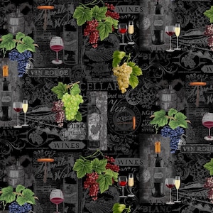 Vino d'annata e uva su lavagna, collezione degustazione vini di Timeless Treasures Metraggio di tessuto e quarti di grasso disponibili