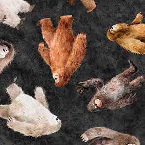 May include: A black background with a repeating pattern of brown, white and orange furry creatures. The creatures are all facing upwards with their arms and legs outstretched.