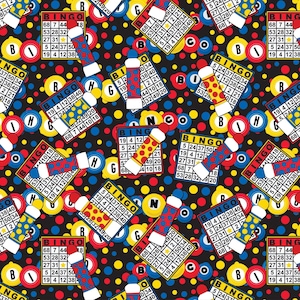 Tissu de bingo par mètre / Cartes de bingo et tampons en noir par David Textiles / Yardage et Fat Quarter / Yardage de bingo en coton