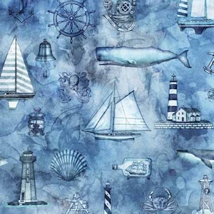Küstencollage auf blauem Stoff Siren&#39;s Call von QT, Segelbootstoff / Ocean Sea Life Fabric Meterware / Fat Quarter und Yardage