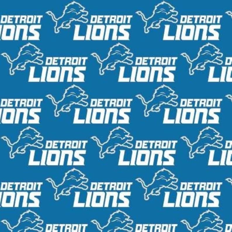 May include: A seamless pattern featuring the Detroit Lions logo, repeated on a bright blue background. The logo is white and features a lion in a leaping pose with the words "DETROIT LIONS" underneath.