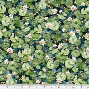 Lily Pads and Koi Fabric, Koi Pond Goldfish by P&B Textiles in Hunting Fishing Camping Fabric Material Yardage and Fat Quarters Available