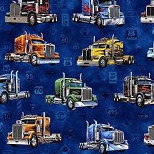 Big Rigs Trucks on BlueFabric, Heavy Metal Fabric, Muscle Cars Dan Morris QT FAbrics / America&#39;s Highway Material / Fat Quarters, Yardage