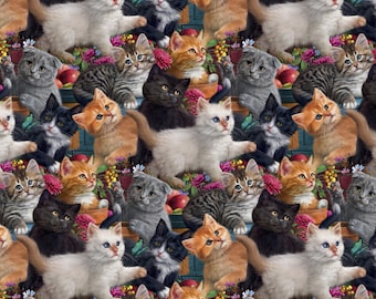 May include: A fabric pattern featuring numerous kittens of various colors including white, black, orange, and gray, interspersed with pink flowers and green leaves. A measuring tape is visible at the bottom, showing 17 inches.