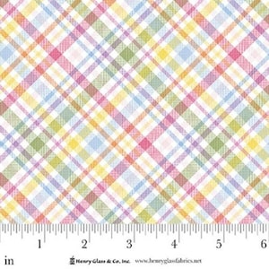 May include: A fabric with a plaid pattern in pastel colors. The design features intersecting lines in pink, yellow, blue, green, and orange hues, creating a checkered effect. The fabric is measured in inches.