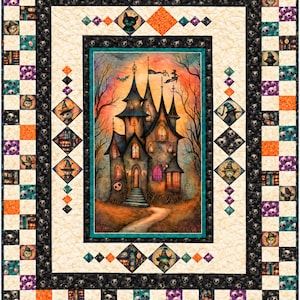May include: A rectangular quilt featuring a central panel of a gothic castle at sunset with a witch on a broomstick. The border consists of a black and cream checkerboard pattern with small squares displaying skulls, cats, and books. Text reads SewWhatQuiltShop.com.