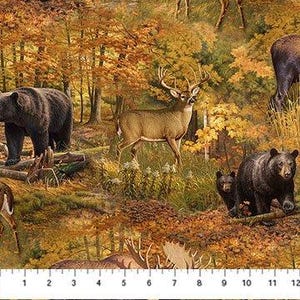 Bear Moose and Deer Overall Fabric / Autumn Wilderness Wildlife Fabric Northcott Fall Hunting Material by the yard, Yardage & Fat Quarters