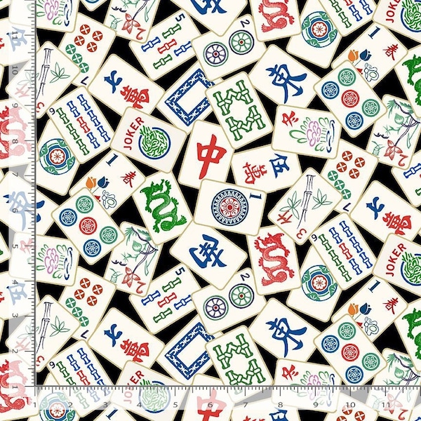 Mahjong Tiles on Black Fabric by the Yard / Fun by Timeless Treasures CD2741 - Mahjong Yardage