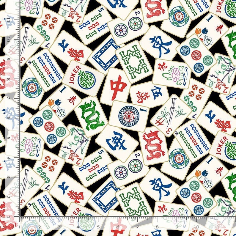 May include: A fabric pattern featuring a repeating design of ivory-colored Mahjong tiles with various symbols, numbers, and Chinese characters in red, green, blue, and gold against a black background. The tiles include dragons, flowers, and circles.