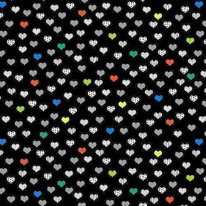 Tessuto di San Valentino con cuori su sfondo nero, tagliato su misura / Tessuto di San Valentino Studio-E, metraggio e fat quarters per San Valentino