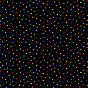 May include: Black fabric with a repeating pattern of colorful polka dots. The dots are in shades of red, orange, yellow, green, and blue. The dots are evenly spaced across the surface.