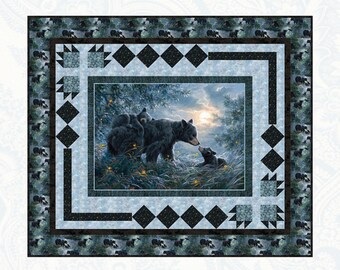 Paws for a Bit Quilt Kit / Mamma Bear and Bear Cub Moonlight Kisses Fabric for Quilt Top and Binding, Quilt 70x59""