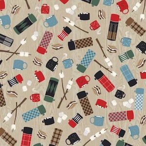 May include: A seamless pattern featuring a variety of camping and outdoor themed illustrations. The pattern includes mugs, thermoses, marshmallows, and s'mores on a woodgrain background.