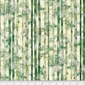 以下が含まれることがあります： クリーム色の背景に、水彩画で描かれた緑色の竹の茎が並んだシームレスなパターン。竹の茎は垂直に配置され、高さが異なります。背景は薄いクリーム色で、水彩画のぼかしが微妙に入っています。