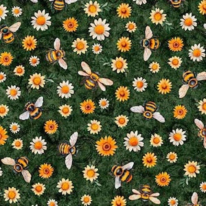 May include: A fabric pattern featuring a dark green background with a repeating design of yellow and white daisies and fuzzy bumblebees with black and yellow striped bodies and translucent wings scattered across the entire surface.