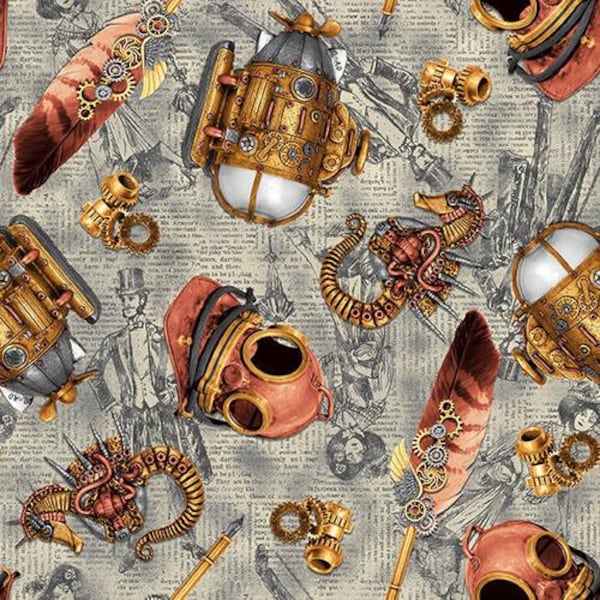 Steampunk Fabric, Nautical Elements on Gray / Alternative Age Collection by Blank Quilting Fabric Yardage and Fat Quarters Available