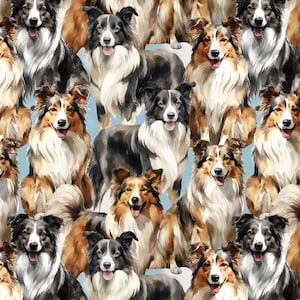 Puede incluir: Un patrón repetitivo de varios perros Shetland, también conocidos como Shelties, en una variedad de colores como negro, blanco, marrón y beige. Los perros tienen pelaje esponjoso y están sobre un fondo azul claro.